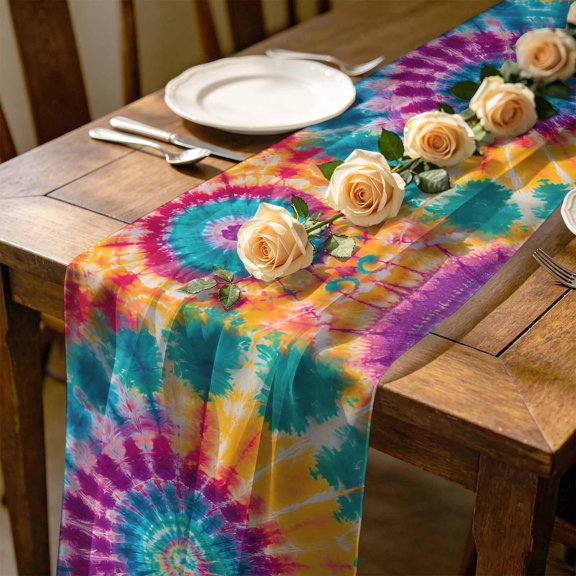Tie-Dye Art 10 ft Cheesecloth Table Runner for Wedding 27"x120", Colorful Watercolor Ethnic Style Abstract Art Dyeing Kitchen Dinner Sheer Tulle Chiffon Dresser Scarf, Holiday Party Decorations