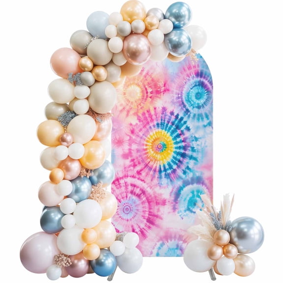 Tie-Dye Art Arch Backdrop Cover 4 FT Watercolor Pink Blue Ethnic Style Abstract Art Dyeing Stretchy Elastic Arch Stand Covers Spandex Arched Background Birthday Wedding Party Decoration (No Stand)