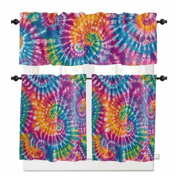 Tie-Dye Art Kitchen Curtains and Valances Set, Watercolor Colorful Ethnic Style Abstract Art Dyeing Rod Pocket Window Valance Window Curtain Panels for Living Room Bedroom, 27.5x24in, 3 Pieces