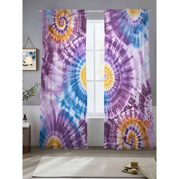 Tie-Dye Art Sheer Curtains 108 Inches Long 2 Panels Abstract Watercolor Purple Yellow Blue Dyeing Light Filtering Semi Sheer Window Curtains Drapes for Bedroom Living Room 52"x108"
