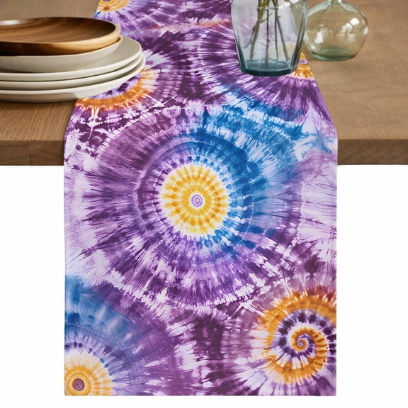 Tie-Dye Art Table Runner, Abstract Watercolor Purple Yellow Blue Dyeing Cotton Linen Kitchen Table Decoration Washable Dining Tabletop Runners for Home Party Decor 13x36 Inches