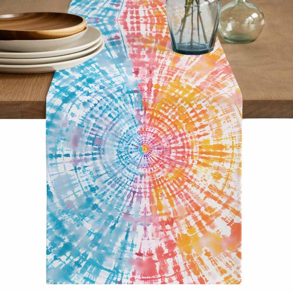 Tie-Dye Art Table Runner, Watercolor Red Blue Tie-Dye Art Ethnic Style Cotton Linen Kitchen Table Decoration Washable Dining Tabletop Runners for Home Party Decor 13x48 Inches