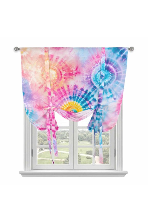 Tie-Dye Art Tie Up Curtain for Window, Watercolor Pink Blue Ethnic Style Abstract Art Dyeing Adjustable Tie Up Balloon Curtain Valances Rod Pocket Window Treatment for Kitchen Bathroom 34"x45"