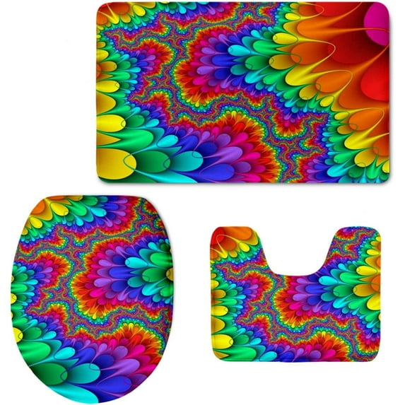 Tie Dye Bath Rug Set Bathroom Mat Rainbow Non Slip Toilet Lid Cover Soft Foot Rug Mat Water-Absorbent for Laundry Room Kitchen