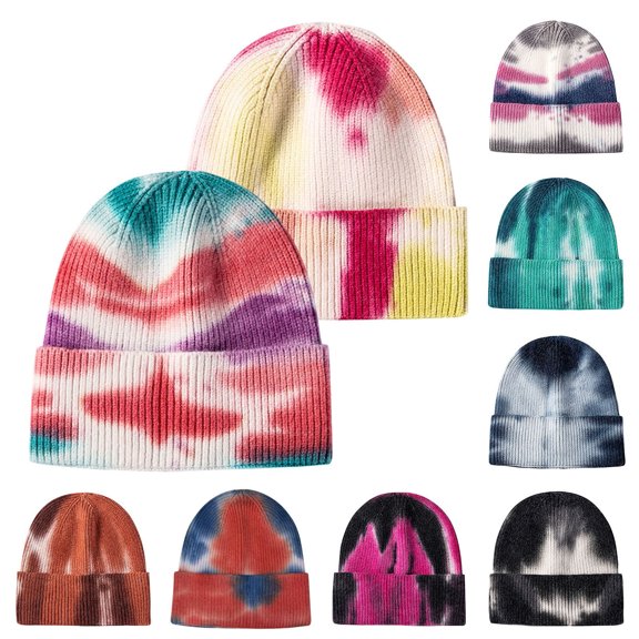 Tie Dye Beanie, Unisex Slouchy Knit Hat, Casual Streetwear Hat for Men and Women, Thick Warm Winter Hat for Fall, Spring and Cold Weather-Black
