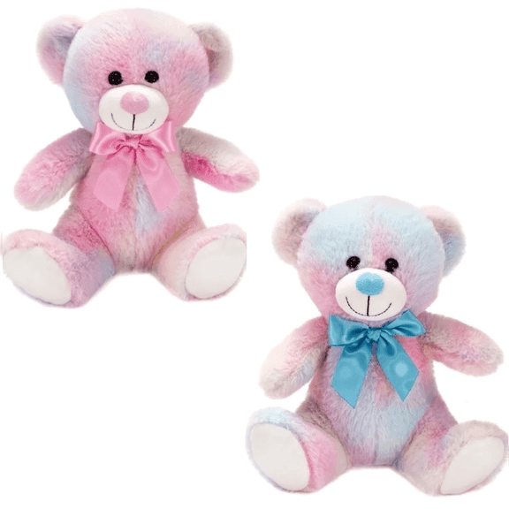 Plush Gear Tie Dye Bear 8" Plush with 2 Assorted Ribbons Pink & Blue Soft Cuddly Stuffed Animal Toy