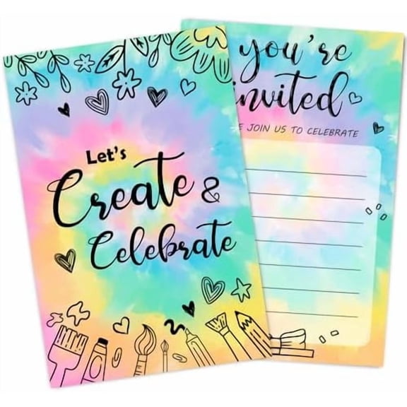 Tie Dye Birthday Party Invitations, 30PCS Double Sided Invite Cards with Envelopes, 4"x6" Art Painting Themed Birthday Party Invites for Girls Boys Teens