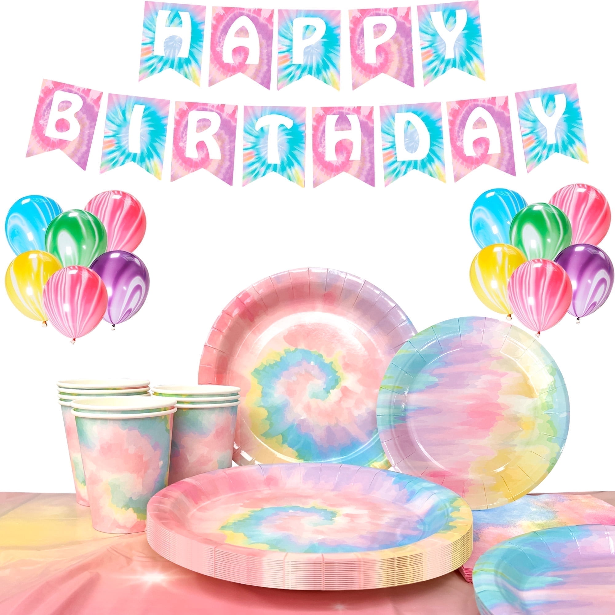 Tie Dye Birthday Party Supplies,138pcs Tie Dye Party Decorations&Tableware Set-Tie Dye Plates and Napkins Cups Tablecloth&Tie Dye Balloons Banner etc Tie Dye Birthday Decorations for Girls Kids