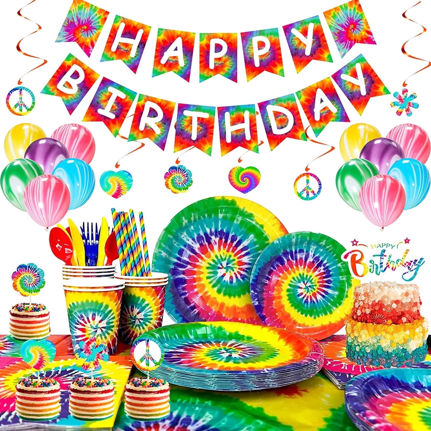 Tie Dye Birthday Party Supplies,175pcs Tie-Dye Party Tableware Set-Tie Dye Party Plates Cups Napkins Tablecloth Banner Balloon Hanging Swirl Cake Topper etc Tie Dye Birthday Decorations