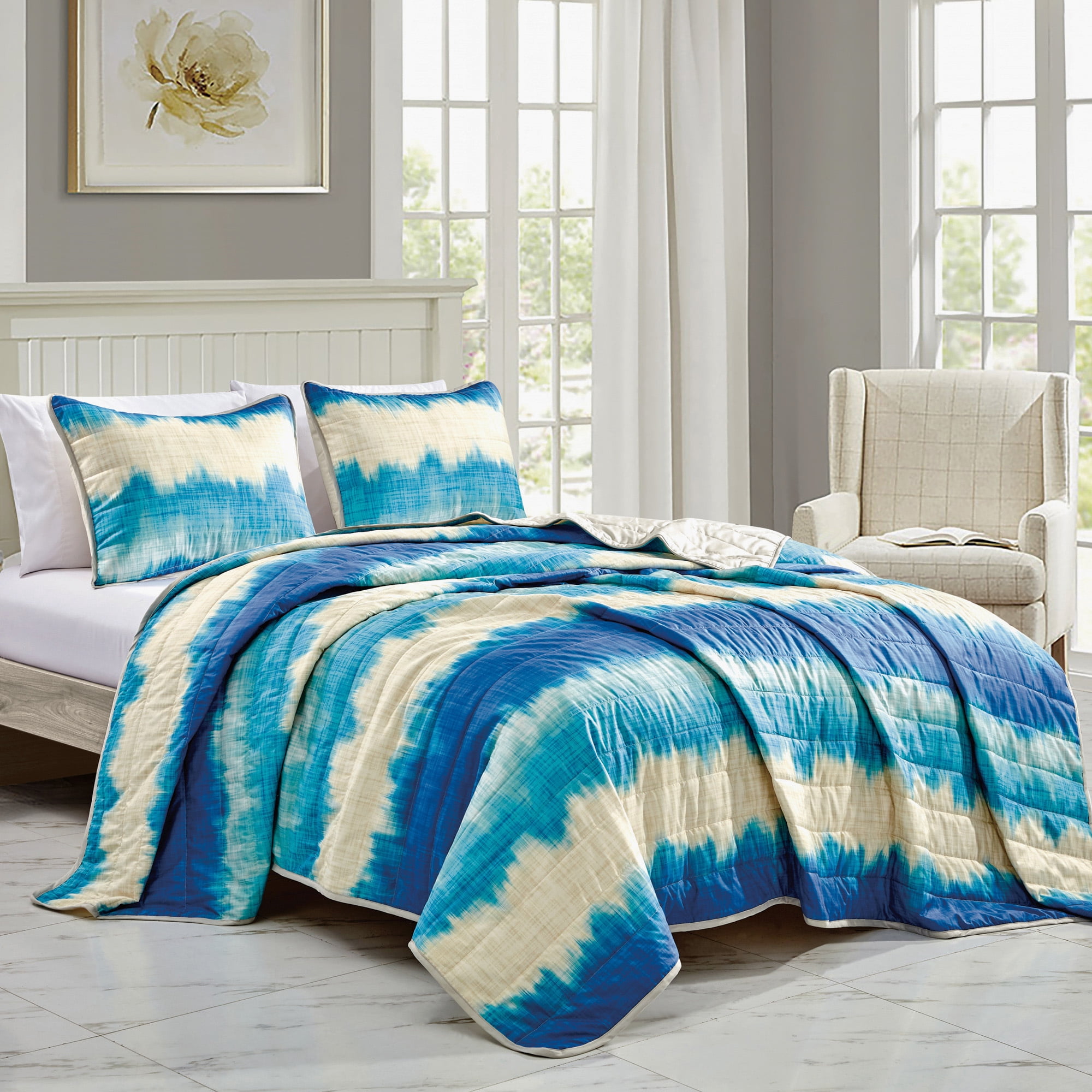 Tie-Dye Blue & Cream 3 Piece Reversible Bedspread Set,King