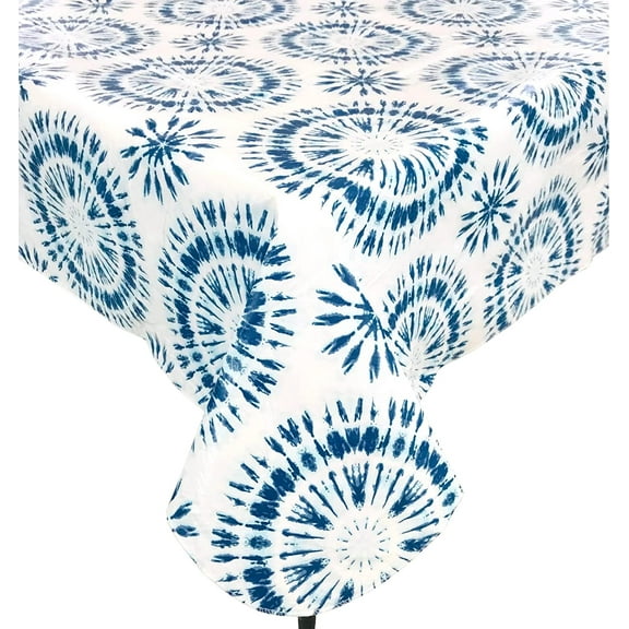 Tie Dye Blue Flannel Back Vinyl Tablecloth: Fun Easy Clean Table Cover for Cookout Picnics Home Kitchen Office Business 60"