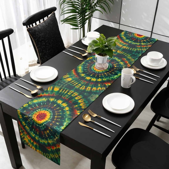 Tie Dye Boho Cotton Linen Small Table Runner 13 x 36 inch Ethnic Colorful Ombre Abstract Aesthetic Non-slip Rectangular Dining Table Decor for Wedding Party Holiday Dinner