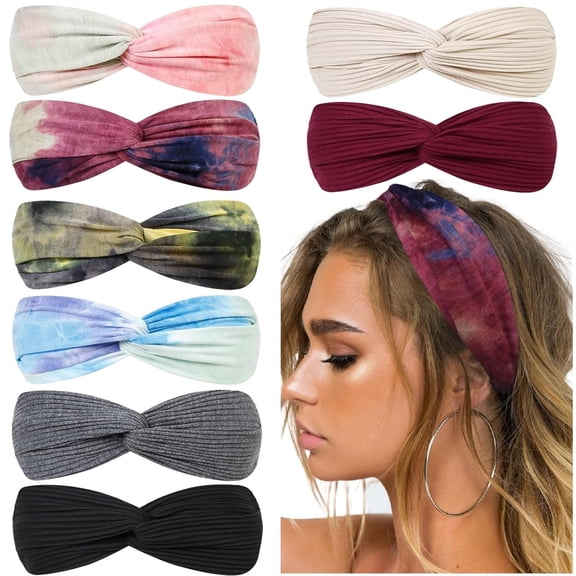 Tie Dye Boho Headbands for Women Soft Elastic Turban Hair Wraps for Yoga and Summer Fashion Accessories 8 Pack