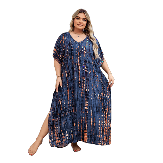 Tie Dye Caftan Robe Lightweight Kaftan Dresses for Swimwear Women Plus Size Beach Maxi Dress Long Resort Tunic Batwing Sleeve Summer Outfits Oversized Bath Robe Casual Afirca Dress moomoo House Wear