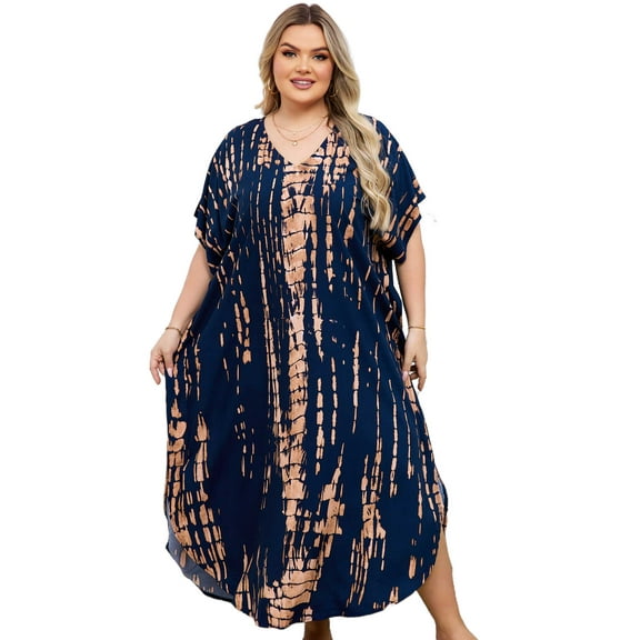 Tie Dye Caftan Robe Lightweight Kaftan Dresses for Swimwear Women Plus Size Beach Maxi Dress Long Resort Tunic Batwing Sleeve Summer Outfits Oversized Bath Robe Casual Afirca Dress moomoo House Wear