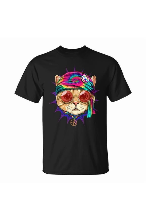 Tie Dye Cat Hippy Peace Sign Cat Lover Graphic Cotton Tee Unisex Adult Casual Animal Lover T-Shirt, Size XL, Color Black