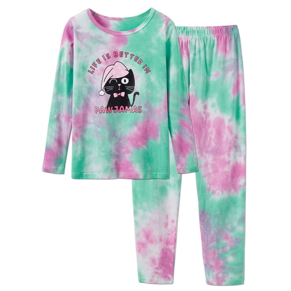 Beezizac Tie Dye Cat Pajamas for Teen Girls Cute Long Sleeve & Pants 2 Piece Jammies Big Kid Size 5T