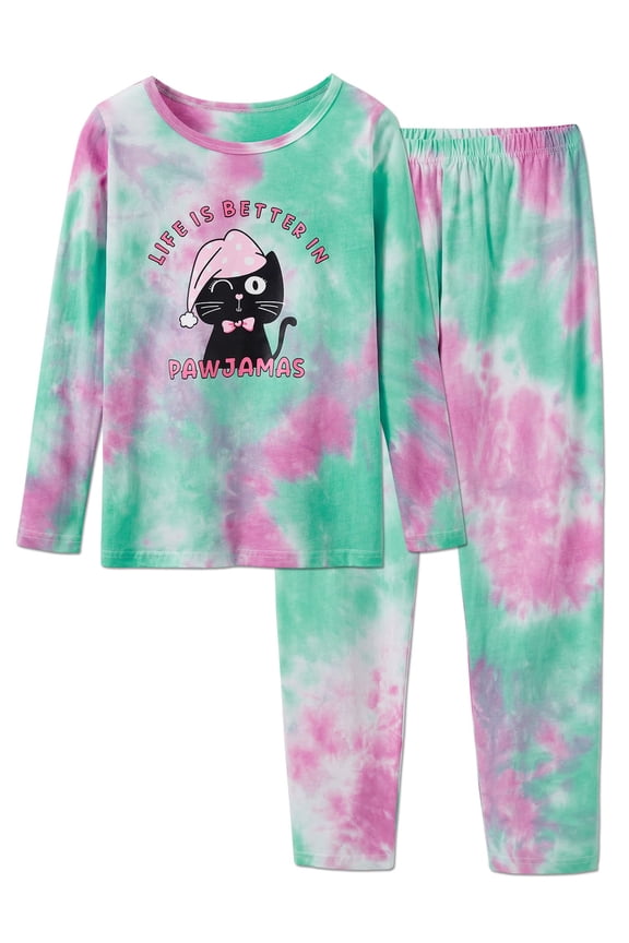 Tie Dye Cat Pajamas for Teen Girls Cute Long Sleeve & Pants 2 Piece Jammies Big Kid Size 6