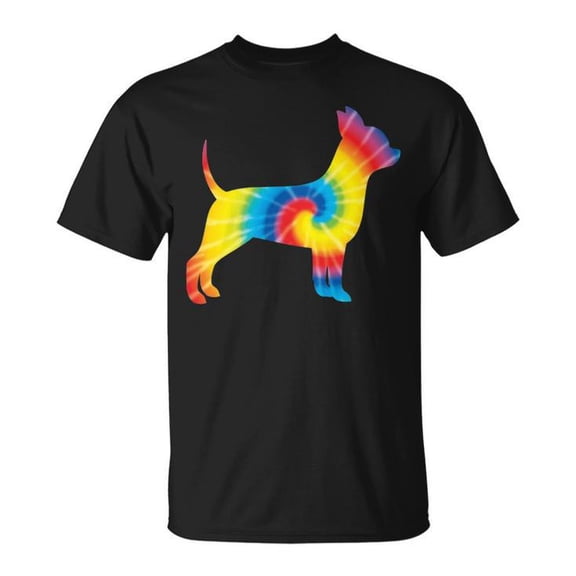 Tie Dye Chihuahua Rainbow Print Graphic Tee Unisex Adult Cotton Hippie Peace Dog Lover T-Shirt for Casual Wear, Size L, Color Black