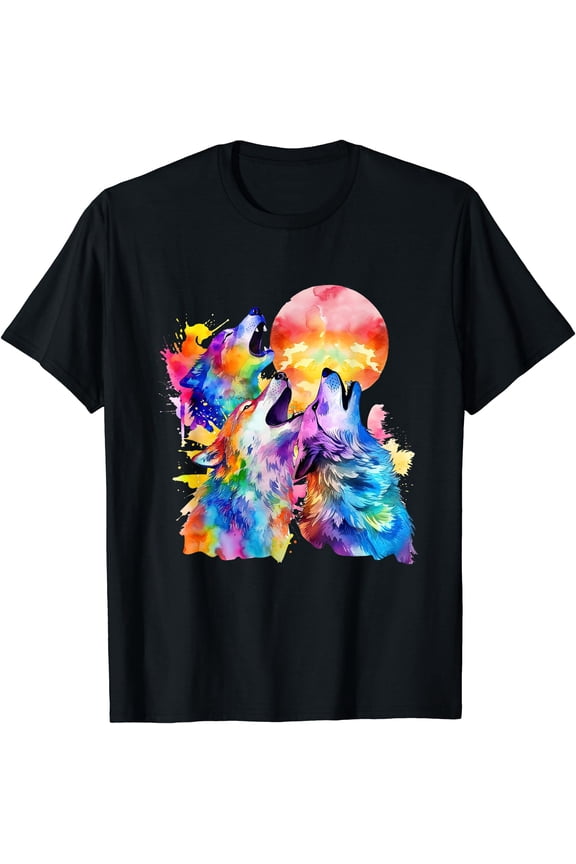 Tie Dye Color Three Wolves Howling At The Moon Wolf Lover T-Shirt, Unisex T-Shirt