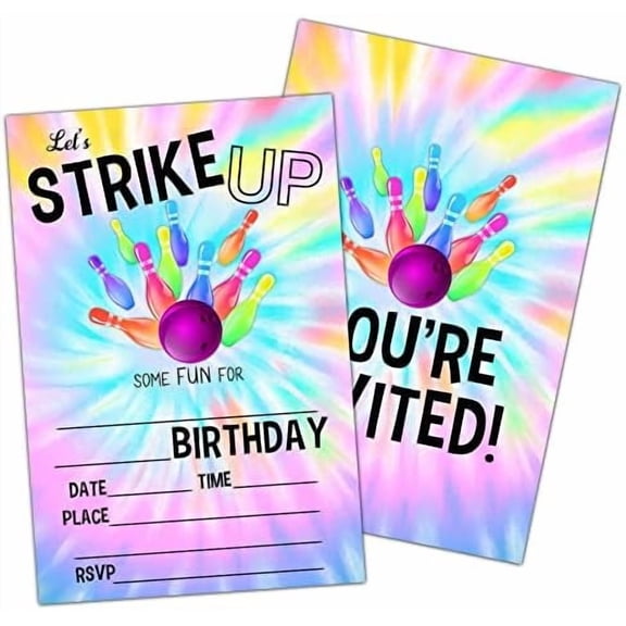 Tie Dye Colorful Bowling Birthday Party Invitation, Let's Strike Up! Invite Cards For KidsBoys & Girls, 20 Double-Sided Fill-In Invitation With EnvelopesParty Favors And Supplies-D17