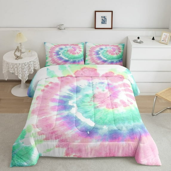 Tie Dye Down Comforter, Boho Psychedelic Pink Comforter Set King Size, Bohemian Gypsy Watercolor Duvet Insert Teens, Exotic Spiral Quilted Duvet Comfy Decorative Room, Teal Blue