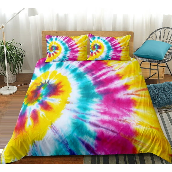 Tie Dye Comforter Cover Set Hippie Spiral Bedding Set Ethnic Boho Duvet Cover Swirl Tie Dyed Pattern Comforter Cover, Bohemian Hippie Bedding Decor Quilt Cover with 2 Pillowcases