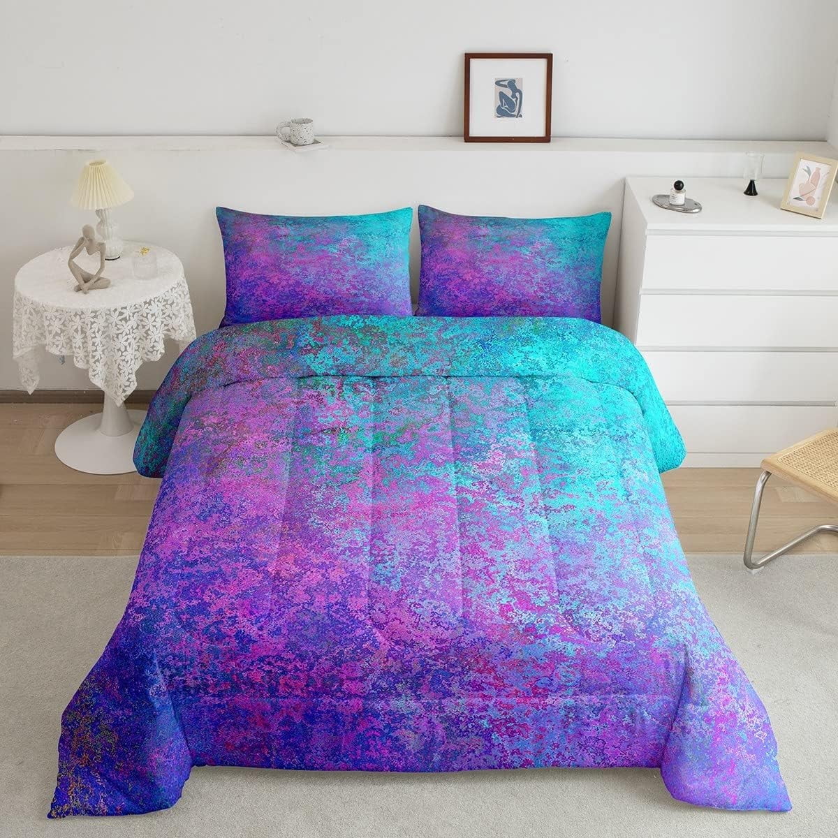 Tie Dye Comforter Set,Colorful Gradient Bedding Set Teens,Teal Blue Purple  Marble Printed Duvet Insert for Home Room Decor,Full Size Soft Quilted  Comforter with 2 Pillow Shams - Walmart.com, image size:1200x1200