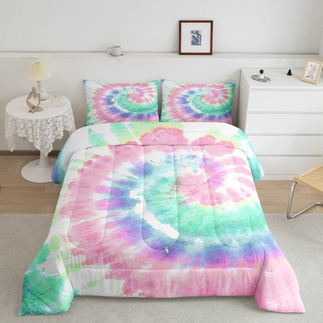 Tie Dye Comforter Set, Girls Boho Psychedelic Pink Down Comforter Queen