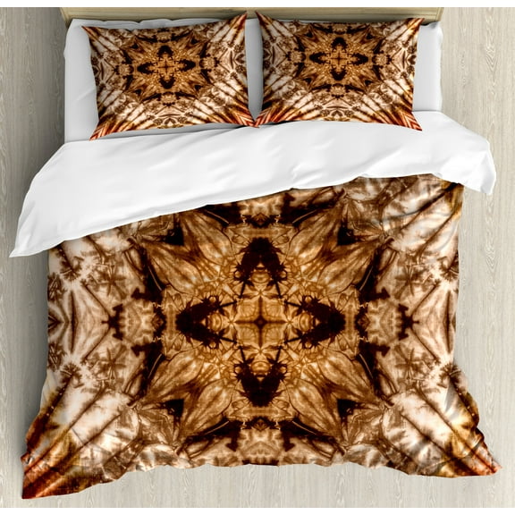 Tie Dye Decor King Size Duvet Cover Set, Sacred Object Silhouette Form Generated with Tie Dye Ink Technique Image, Decorative 3 Piece Bedding Set with 2 Pillow Shams, Brown Orange, by Ambesonne