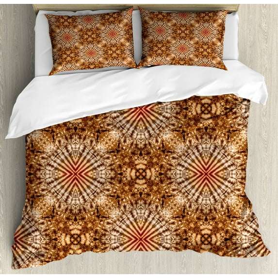 Tie Dye Decor Queen Size Duvet Cover Set, Marine Shell Objects Tie Dye Fashion Motif with Spiral Smeared Wavy Tones, Decorative 3 Piece Bedding Set with 2 Pillow Shams, Brown Orange, by Ambesonne
