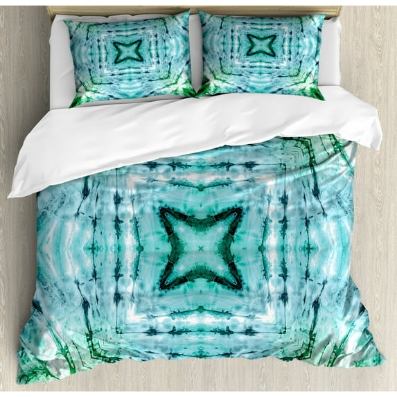 Tie Dye Decor Queen Size Duvet Cover Set, Star inside Square Shaped Kaleidoscope Tie Dye Motive with Outer Figures Image, Decorative 3 Piece Bedding Set with 2 Pillow Shams, Teal Blue, by Ambesonne