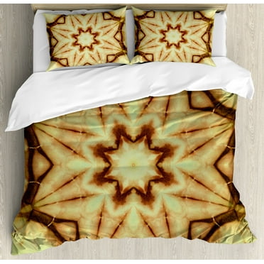 Tie Dye Decor Queen Size Duvet Cover Set, Trippy Ethnic Thai Mandala Motif with Dirty Grunge Smear and Rough Stains, Decorative 3 Piece Bedding Set with 2 Pillow Shams, Mustard Brown, by Ambesonne