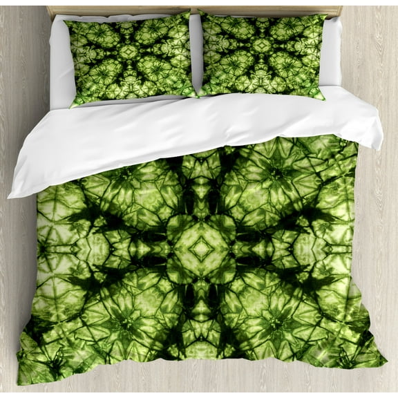 Tie Dye Decor Queen Size Duvet Cover Set, Weird Abstract Original Pattern with Fold Form Free Artisan Rattling Surreal Image, Decorative 3 Piece Bedding Set with 2 Pillow Shams, Green, by Ambesonne