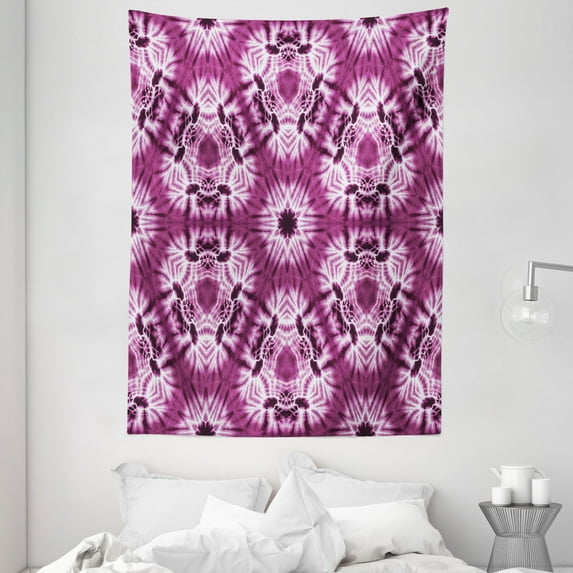Tie Dye Decor Tapestry, Indonesian Oriental Trippy Motive with Morphing Spotted Murky Shapes Image, Wall Hanging for Bedroom Living Room Dorm Decor, 60W X 80L Inches, Violet White, by Ambesonne