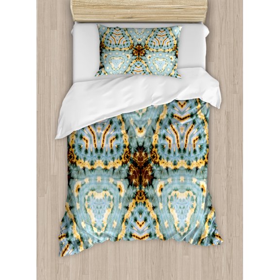 Tie Dye Decor Twin Size Duvet Cover Set, Classic Tie Dye Batik Motif with Bizarre Oriental Multiple Icons Aesthetic, Decorative 2 Piece Bedding Set with 1 Pillow Sham, Brown Blue, by Ambesonne