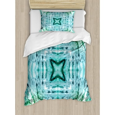 Tie Dye Decor Twin Size Duvet Cover Set, Star inside Square Shaped Kaleidoscope Tie Dye Motive with Outer Figures Image, Decorative 2 Piece Bedding Set with 1 Pillow Sham, Teal Blue, by Ambesonne