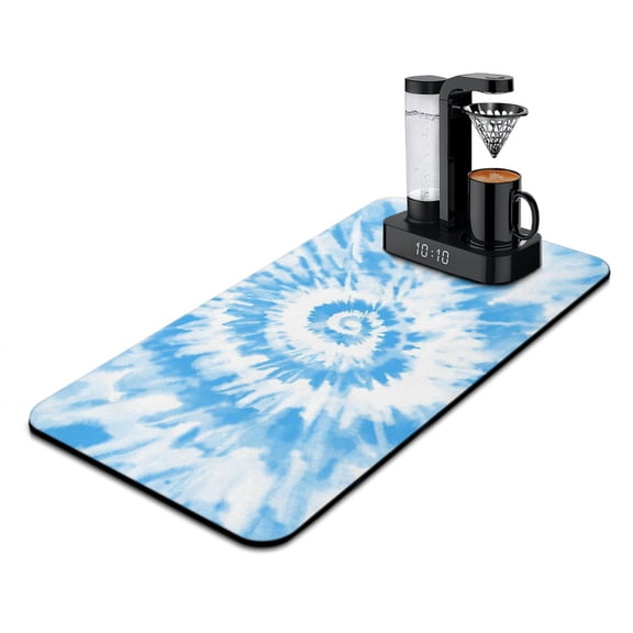 Tie Dye Dish Drying Mat, Rainbow and Watercolor Tie Dye Absorbent Coffee Bar Mat with Diatom Mud Material, Leak-Proof & Non-Slip Kitchen Mat Featuring Vintage Boho Psychedelic Swirl Pattern, Retro Cof