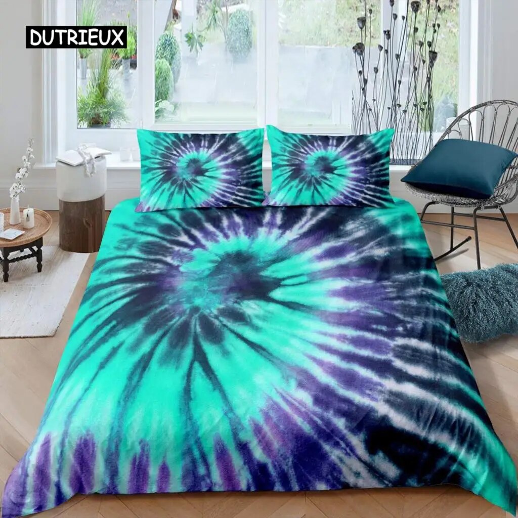 Tie Dye Duvet Cover Psychedelic Bohemian Gypsy Exotic Spiral Colorful Twin Bedding Set