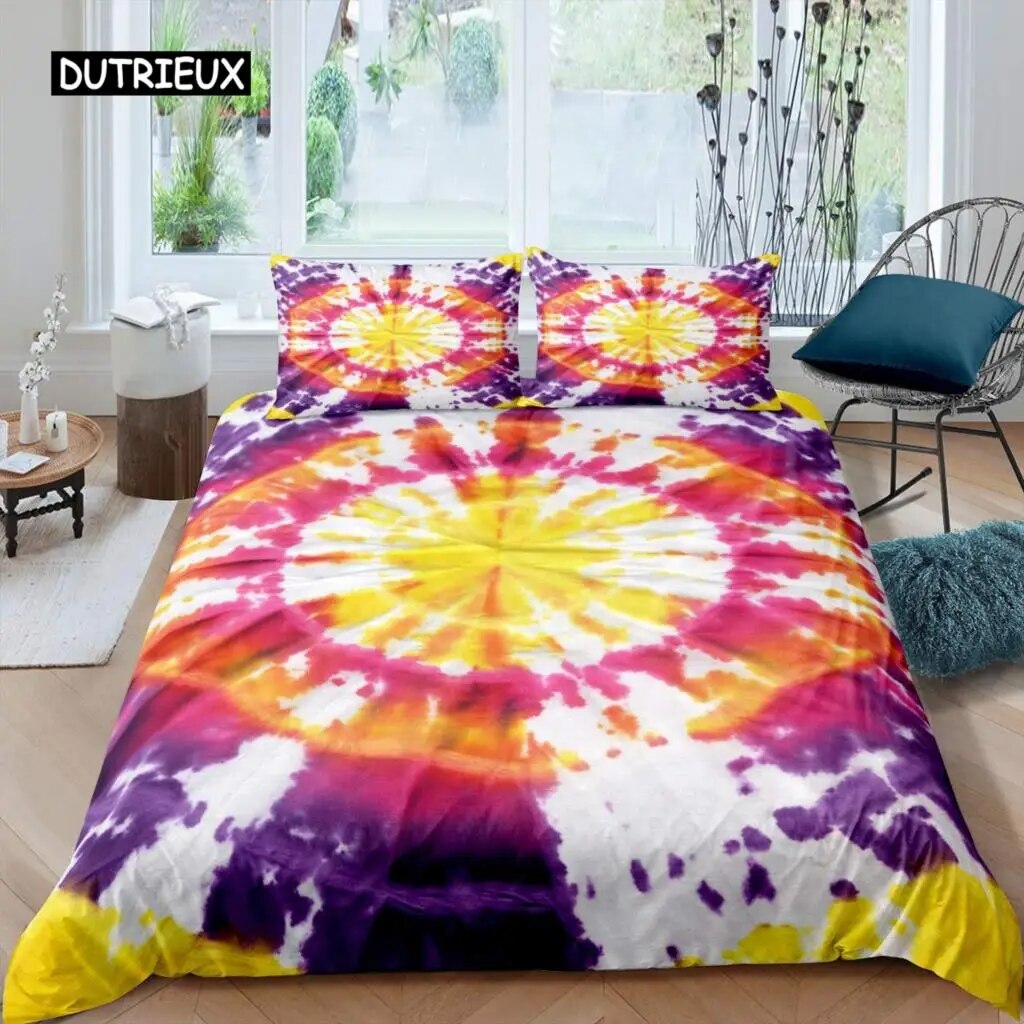 Tie Dye Duvet Cover Psychedelic Bohemian Gypsy Exotic Spiral Colorful Twin Bedding Set