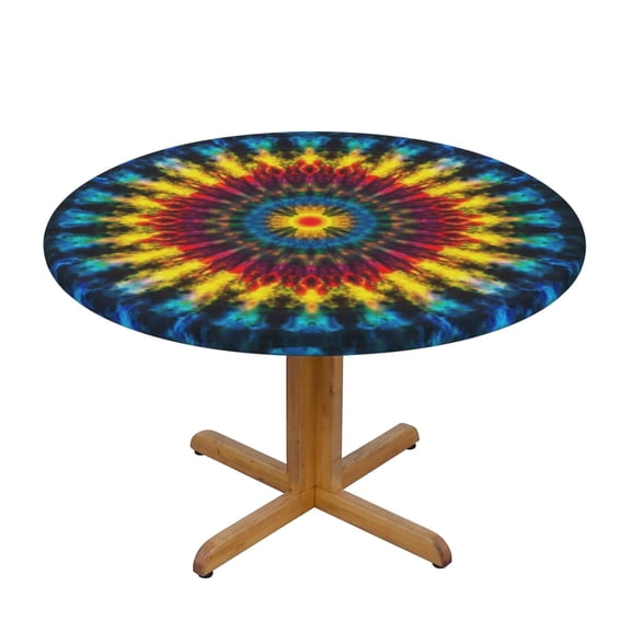Tie Dye Round Fitted Tablecloth with Elastic Edged, Waterproof Wipe Clean Table Cover for Outdoor Indoor Patio Kitchen - Fits Tables 45" to 50" Diameter
