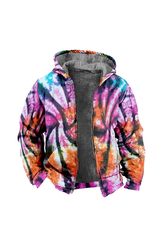 Tie Dye Lined Hoodies for Men Full Zip Heavyweight Thick Warm Jacket Coat Fall Winter Hooded Sweatshirt Blue L