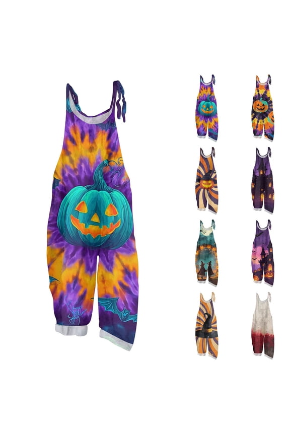 Tie Dye Gradient Pumpkin Bat Halloween Womens Tie Shoulder Sling Overalls Loose Fit Jumpsuit Red M