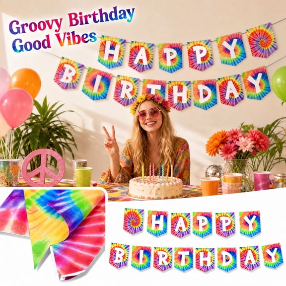 Tie Dye Happy Birthday Banner, Retro 60s 70s Hippie Party Decorations, Groovy Neon Multicolor Paper Pennant Garland for Teen Adult Birthday, Disco Theme Wall Backdrop Supplies