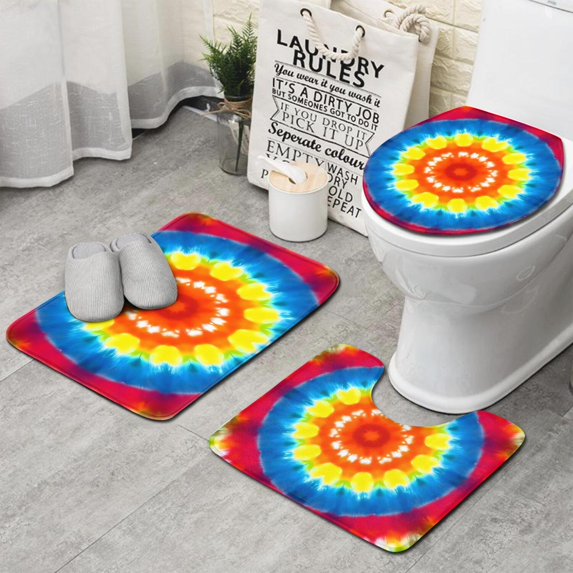 Tie Dye Heart Accent Mandala Pattern Bathroom Rugs Sets 3 Piece,Toilet Cover Set,Absorbent Non Slip Bathroom Mats Sets with U-Shaped Contour Rug Toilet Rug Set