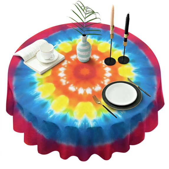 Tie Dye Heart Accent Mandala Pattern Round Tablecloth 60"x60",Wrinkle Wipeable Table Cloth for Kitchen Dining Room Picnic Patio Party