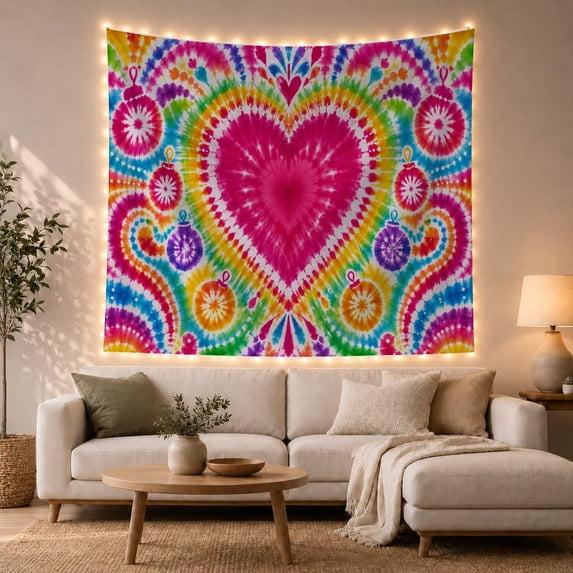 Tie Dye Heart with Rainbow Ornaments on White Base, Playful Psychedelic Style for Tie Dye Lovers, Bohemian Wall Decor, Housewarming Gift, Tapestry Wall Hanging for Bedroom and Dorm