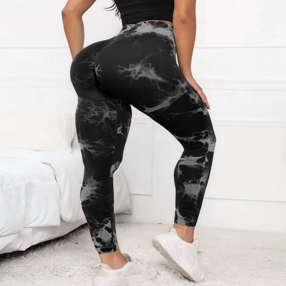 Tie Dye Hidden Scrunch Leggings for Women Tummy Control Butt Lifting Yoga Pants High Waist Compression Workout Tight,M,Black