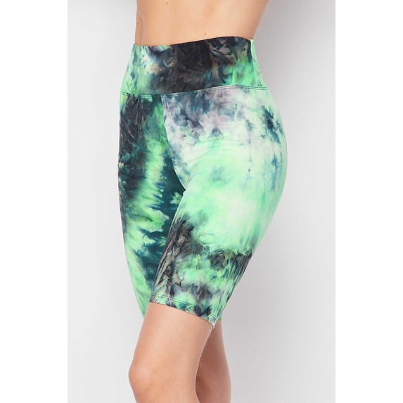 Tie Dye High Waisted Biker Shorts - 3 Inch Waist Green S/M