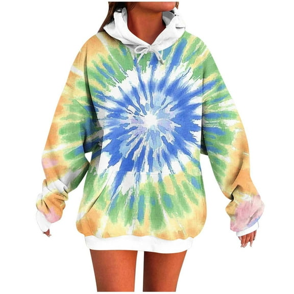 Tie Dye Hoodie Women Trendy Boyfriend Style Oversized Sweatshirt Pocket Long Sleeve Drawstring Hooded Pullover Tops (M, Yellow)